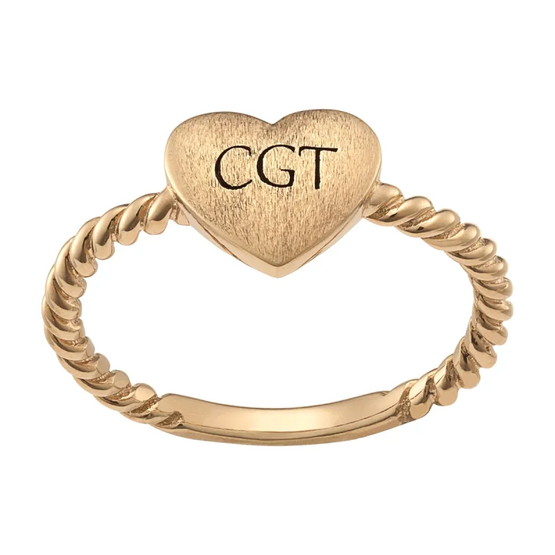 Gold over Sterling Initial Heart Brushed Roped Ring sold by Limoges Jewelry