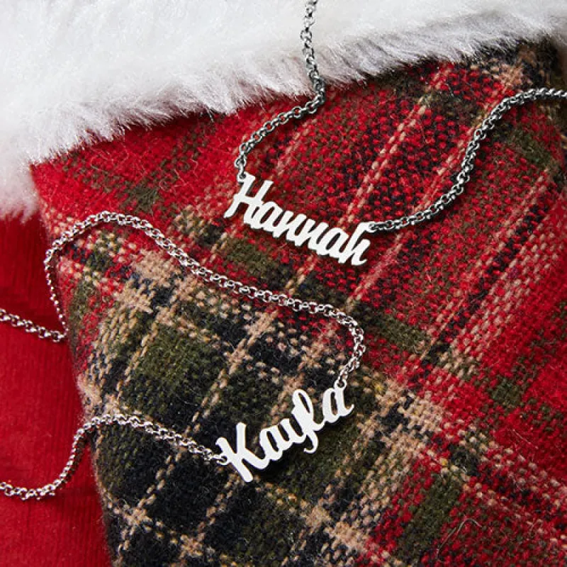 Sterling Silver Mini Script Name Pendant with Free Mini Stocking sold by Limoges Jewelry