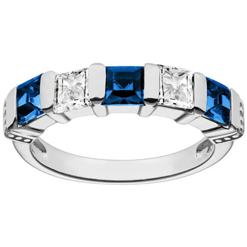 Silver Plated Simulated Sapphire and Clear Crystal 5 Stone Ring sold by Limoges Jewelry