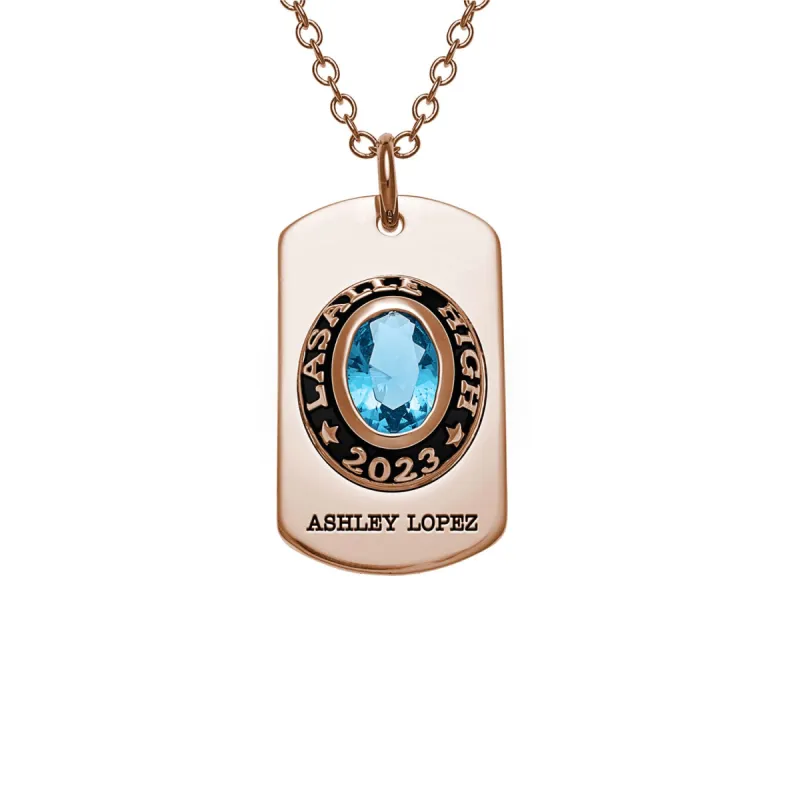 Women's Rose Gold CELEBRIUM  Personalized Oval Cut Birthstone Graduation Dog Tag Pendant sold by Limoges Jewelry