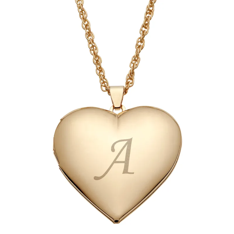 14K Gold Plated Engraved Initial Large Heart Locket sold by Limoges Jewelry