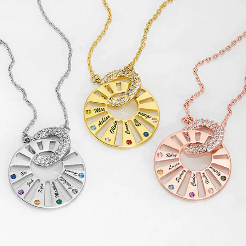Sterling Silver Pave Interlocking Circles with Names and Birthstones Necklace sold by Limoges Jewelry