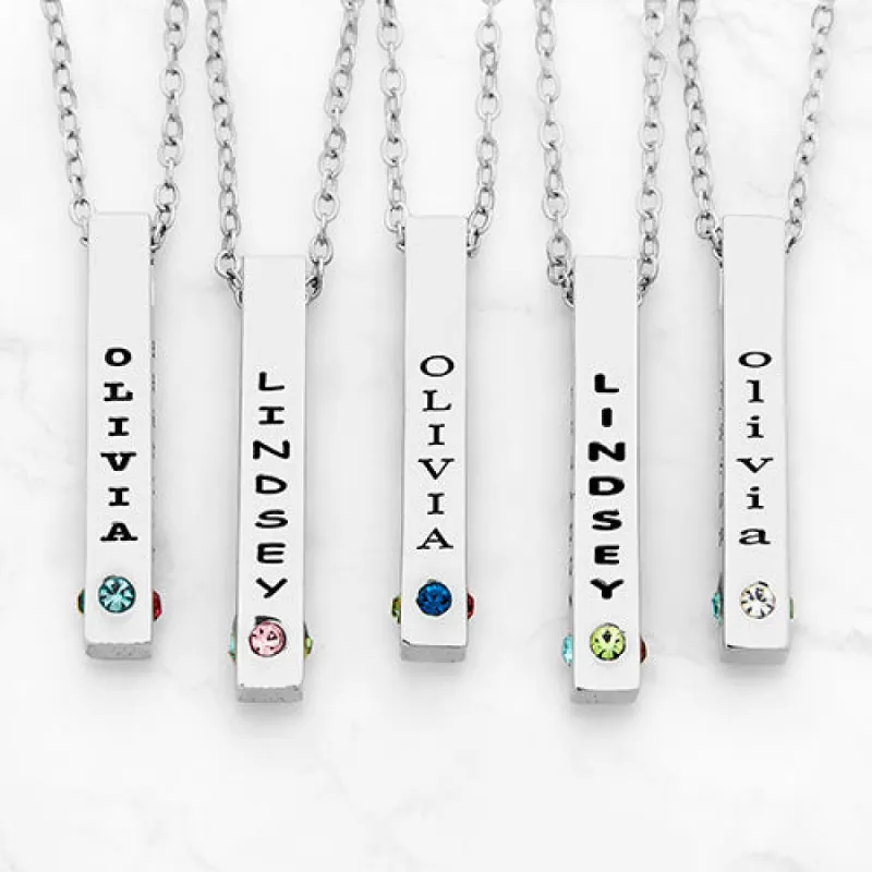 Sterling Silver Vertical 4-Sided Engraved Family Name and Birthstone Necklace sold by Limoges Jewelry