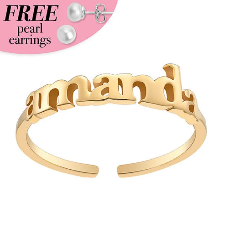 14K Gold Plated Petite Lowercase Name Ring with Free Pearl Earrings sold by Limoges Jewelry