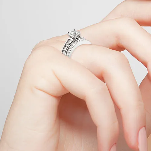 Platinum over Sterling Brilliant White Topaz 2 Piece Engraved Wedding Set sold by Limoges Jewelry product image thumbnail 3