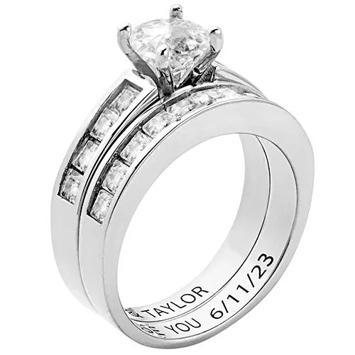 Platinum over Sterling Brilliant White Topaz 2 Piece Engraved Wedding Set sold by Limoges Jewelry product image thumbnail 2
