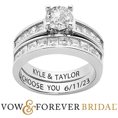 Platinum over Sterling Brilliant White Topaz 2 Piece Engraved Wedding Set sold by Limoges Jewelry