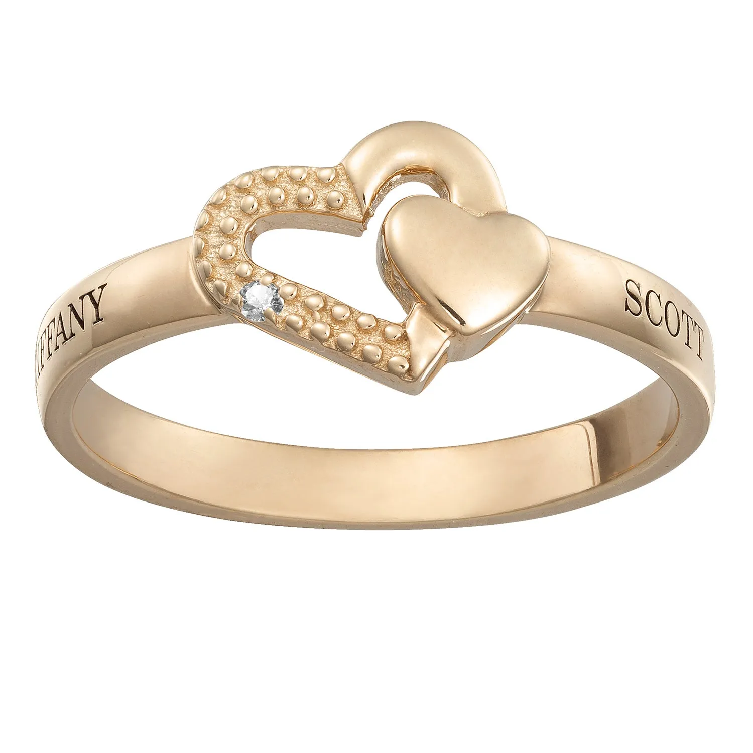 Gold over Sterling Couple's Engraved Double Heart Diamond Accent Ring sold by Limoges Jewelry