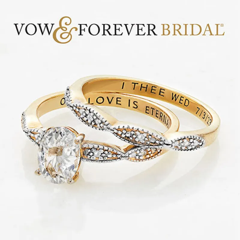 14K Gold over Sterling Oval White Topaz Diamond Accent 2-Piece Engraved Wedding Ring Set sold by Limoges Jewelry