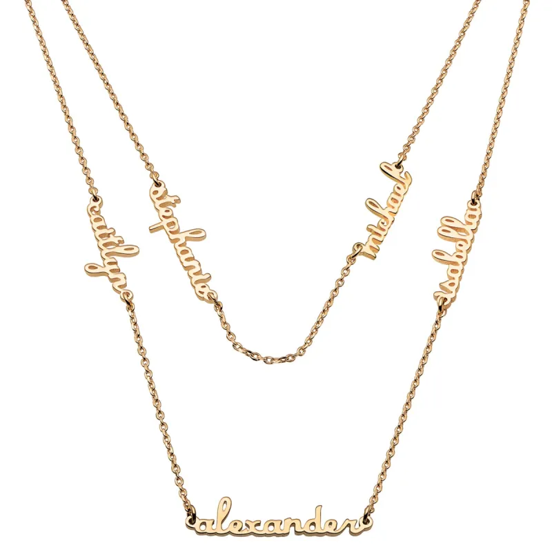 14K Gold over Sterling Petite Script Family Name Layered Necklace- 5 Names sold by Limoges Jewelry