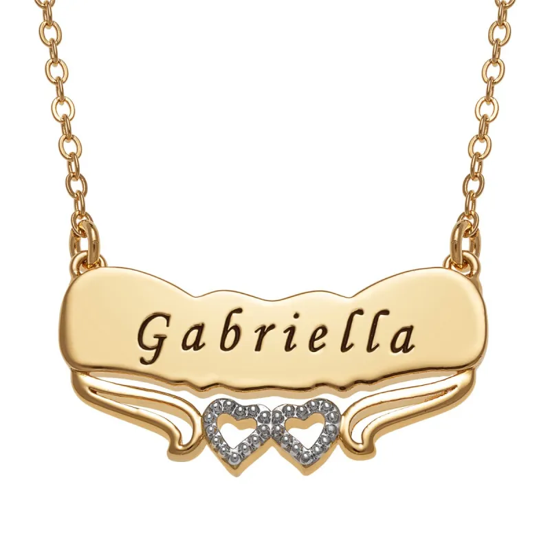 Two Tone Engraved Name with Double Hearts Plaque Necklace sold by Limoges Jewelry