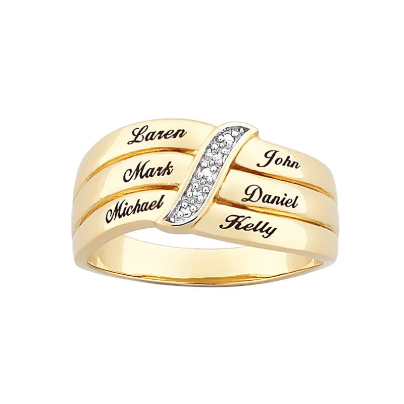 14K Gold over Sterling Engraved Family Diamond Name Ring sold by Limoges Jewelry