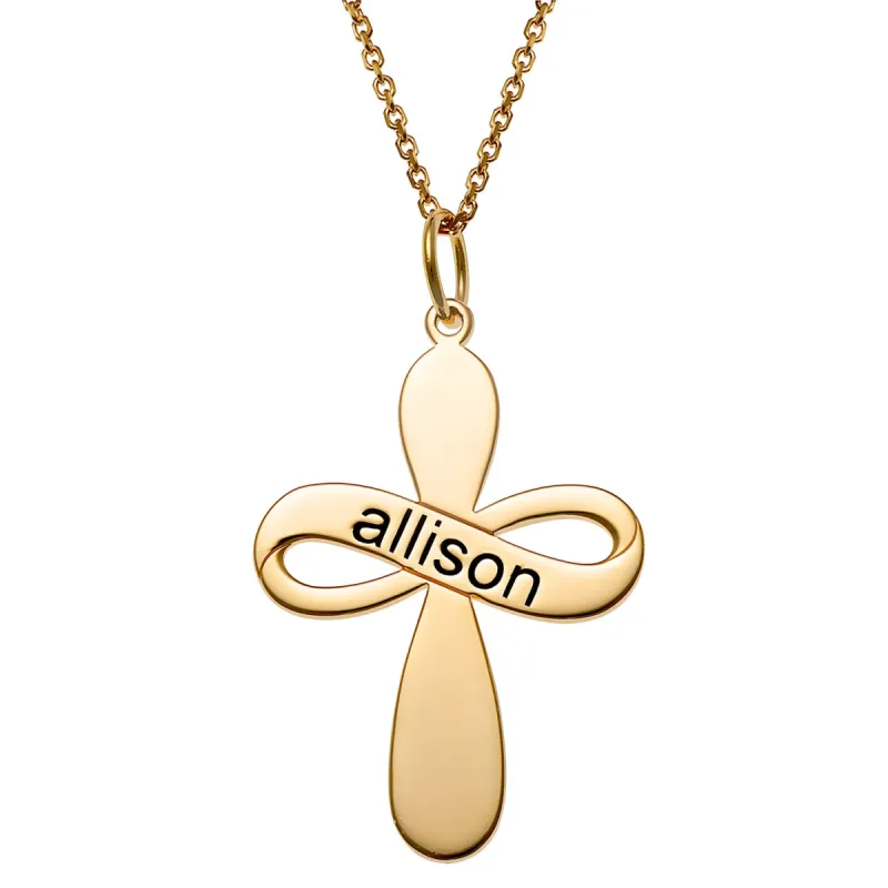 14K Gold over Sterling Engraved Name Ribbon Cross Necklace sold by Limoges Jewelry