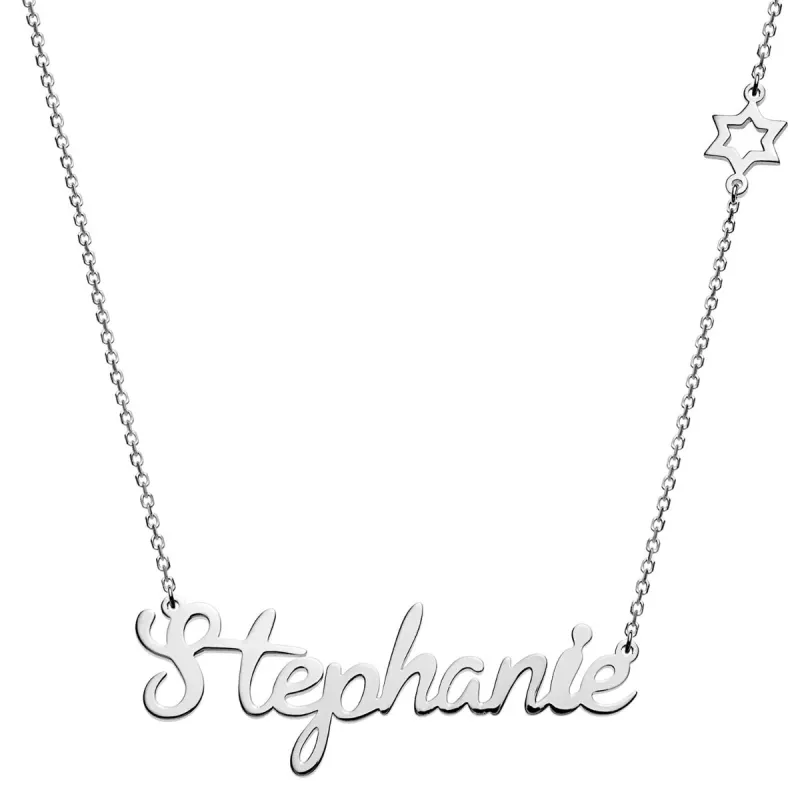 Silver Plated Script Name with Star of David Station Necklace sold by Limoges Jewelry