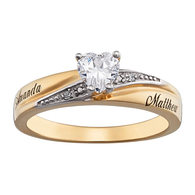 14K Gold over Sterling Heart Cut C.Z. with Diamond Engravable Ring sold by Limoges Jewelry