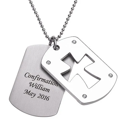 Stainless Steel Double Dog Tag Engraved Cross Necklace sold by Limoges Jewelry