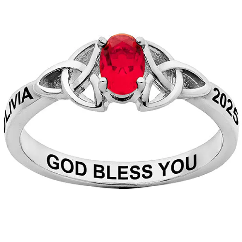 Rhodium Plated Trinity Oval Birthstone Class Ring sold by Limoges Jewelry