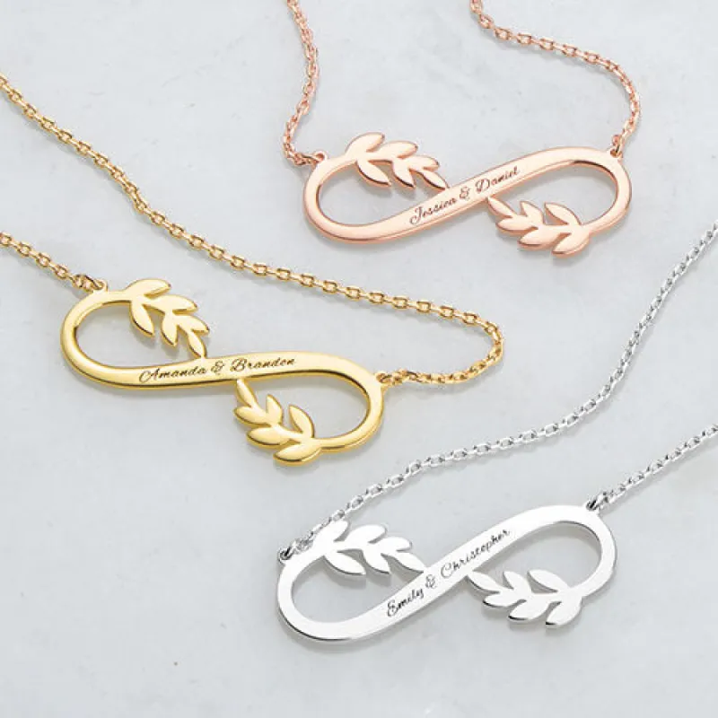 Sterling Silver Couples Engraved Infinity with Leaves Pendant sold by Limoges Jewelry