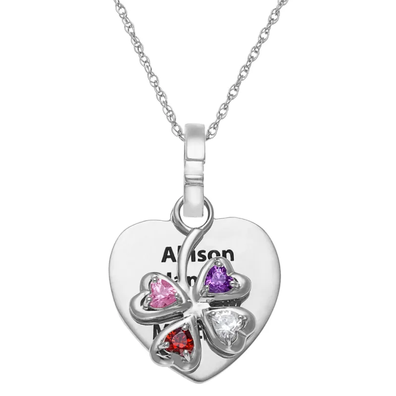 Sterling Silver Engraved Heart with Birthstone 4-Leaf Clover Necklace sold by Limoges Jewelry