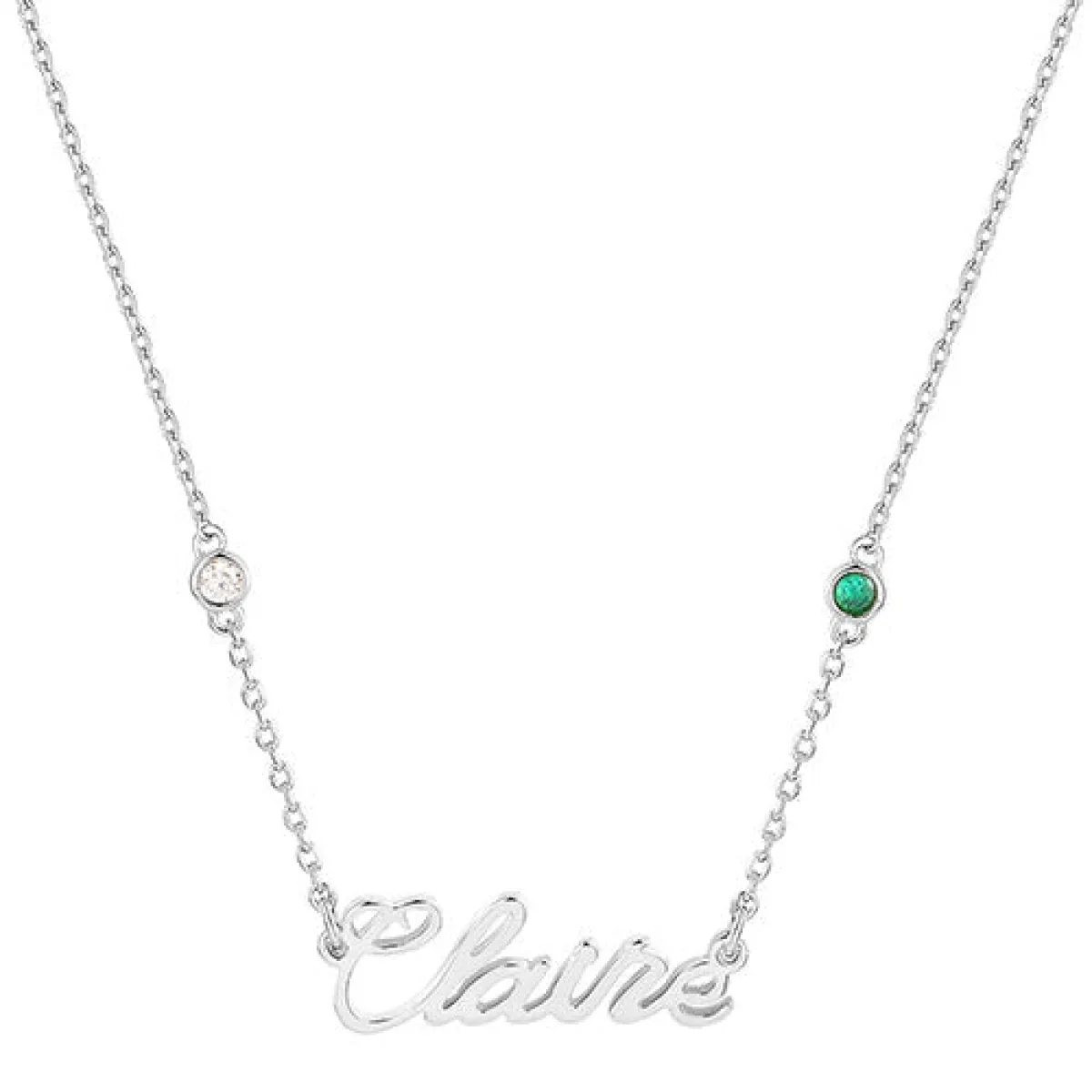 Sterling Silver Petite Script Name and Birthstone Necklace sold by Limoges Jewelry