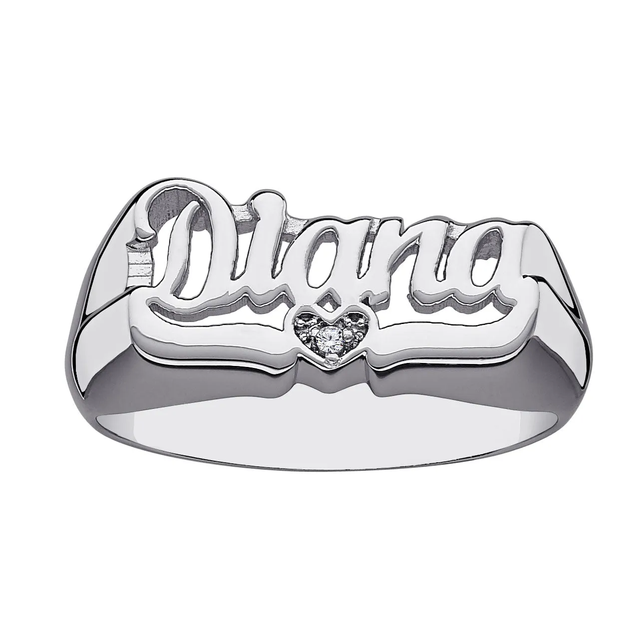 Ladies Sterling Silver Name Ring with Swirly Tail and Diamond accented Heart sold by Limoges Jewelry