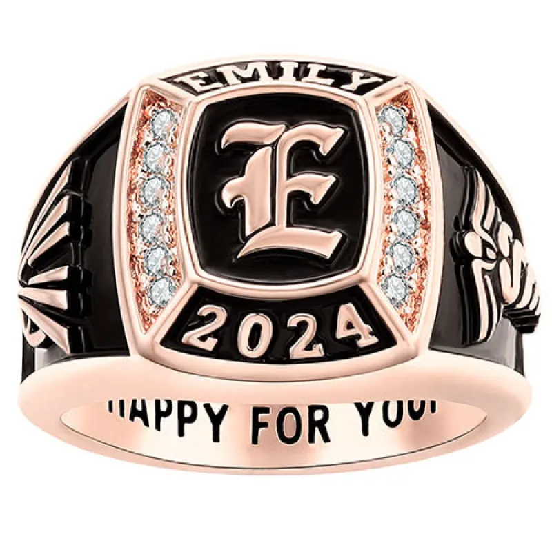 Women's 14K Rose Gold Plated Initial Traditional CZ Square Birthstone Class Ring sold by Limoges Jewelry