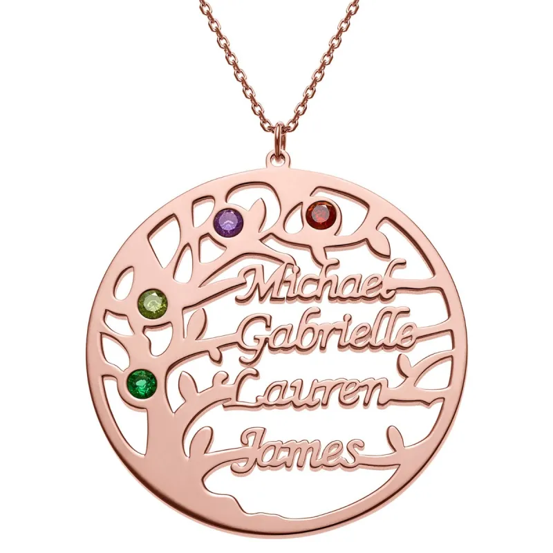 14K Rose Gold Plated Name and Birthstone Family Tree Necklace sold by Limoges Jewelry