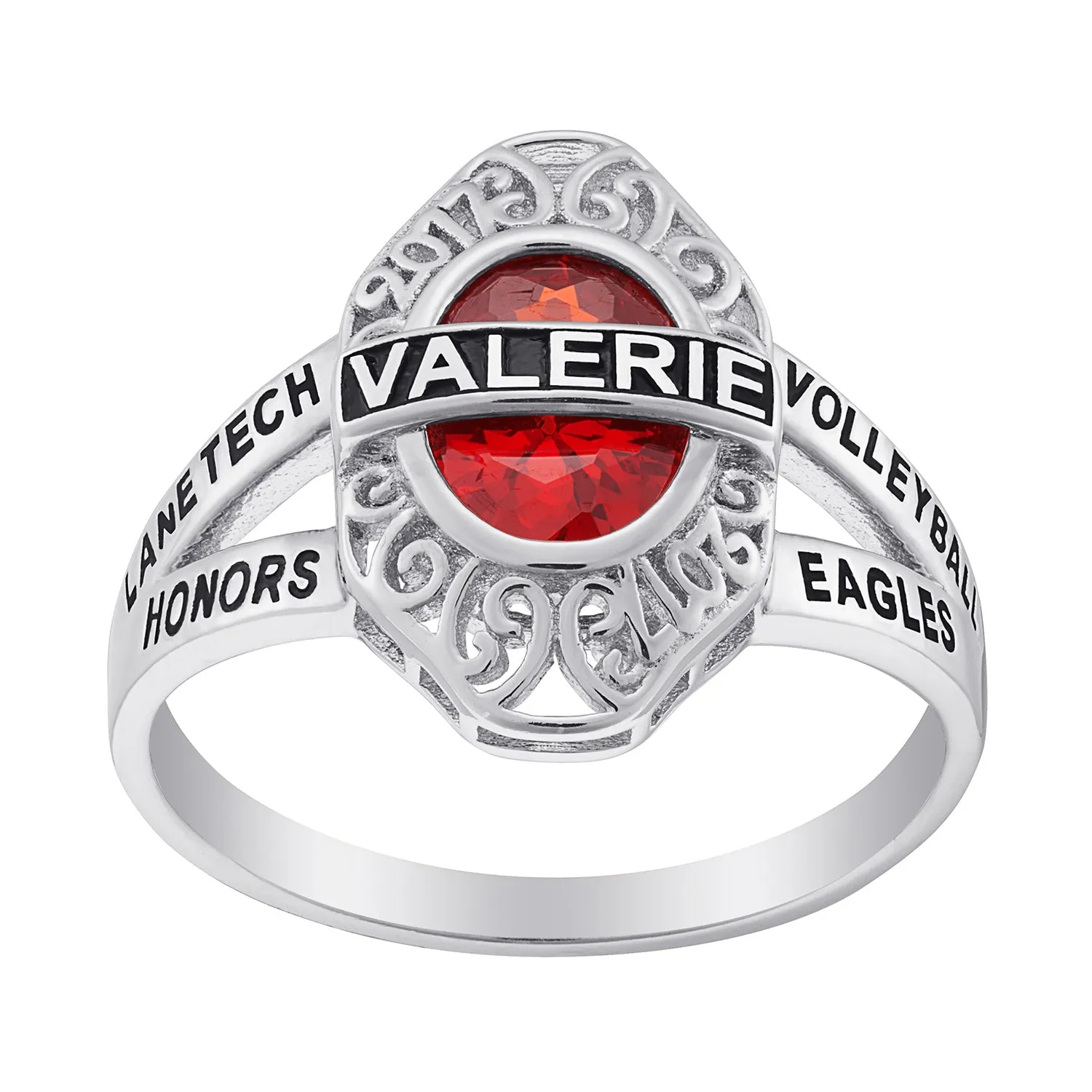 Sterling Silver Bridged Name Birthstone Class Ring with Filigree Hidden Year sold by Limoges Jewelry