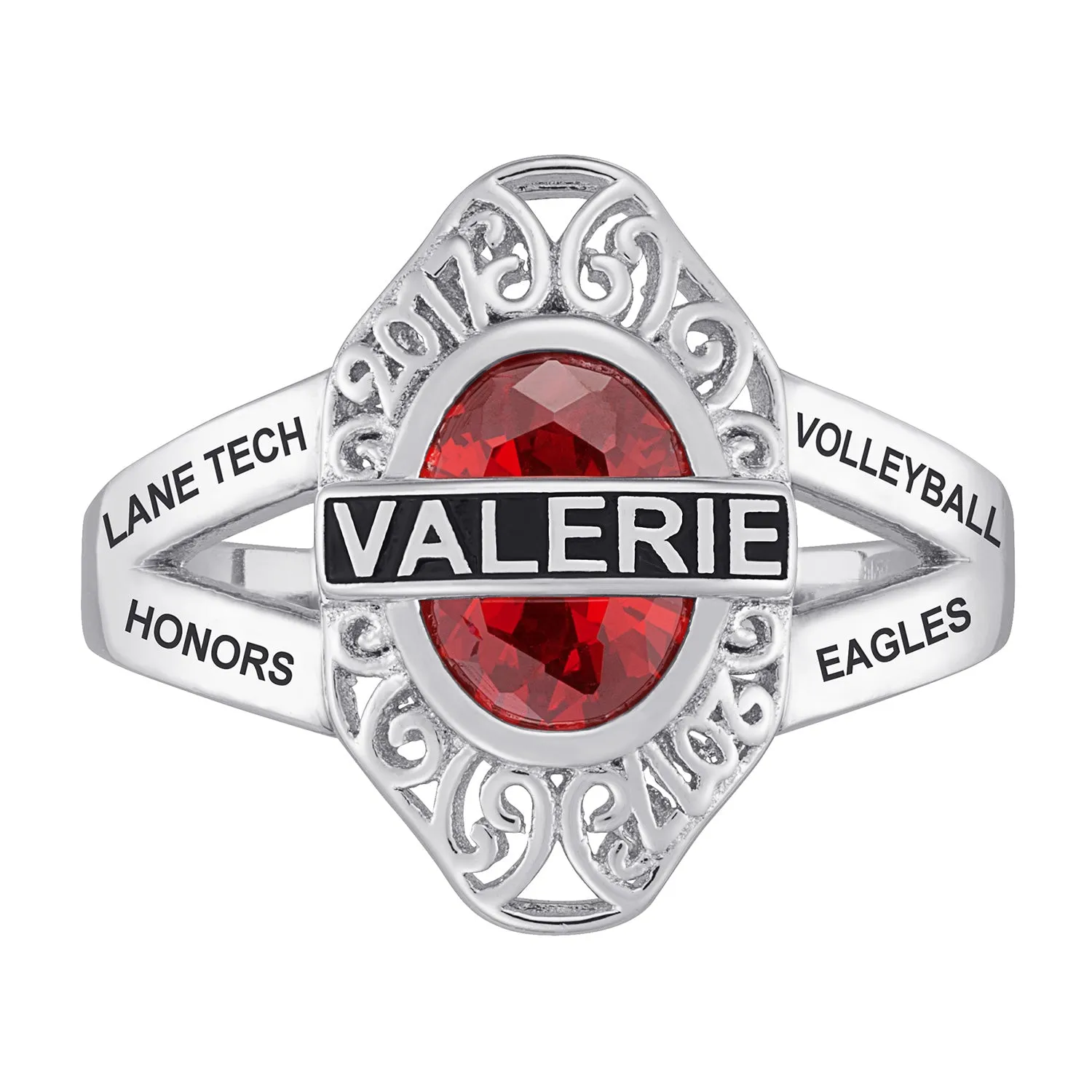 Sterling Silver Bridged Name Birthstone Class Ring with Filigree Hidden Year sold by Limoges Jewelry product image thumbnail 2