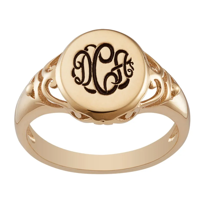 14K Gold over Sterling Engraved Monogram Oval Filigree Signet Ring sold by Limoges Jewelry