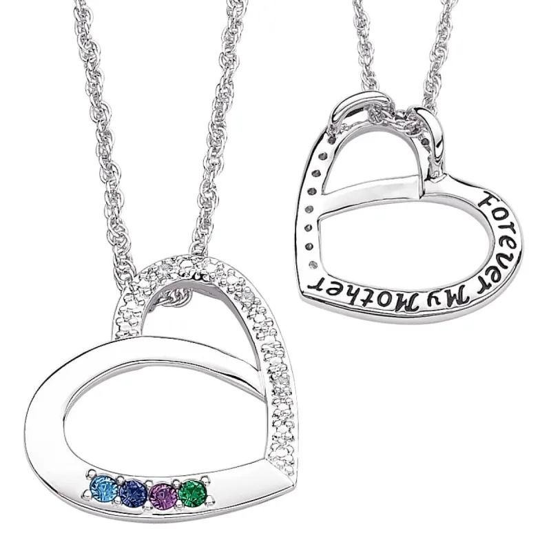 Platinum Plated Mother's Birthstone & Genuine Diamond Heart Necklace sold by Limoges Jewelry