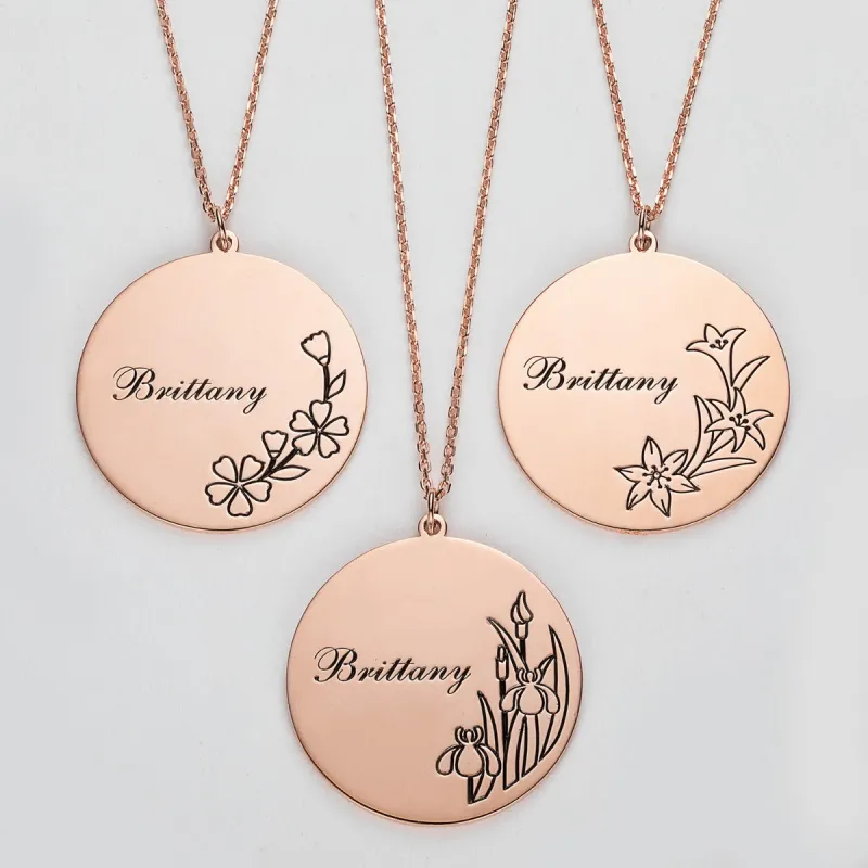 14K Rose Gold Plated Engraved Name and Birth Flower Necklace sold by Limoges Jewelry