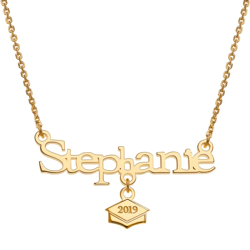 14K Gold over Sterling Name with Graduation Cap Charm Necklace sold by Limoges Jewelry
