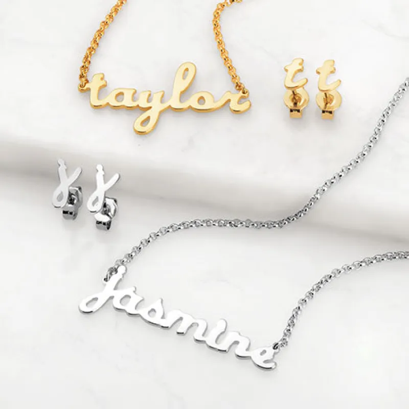 Lowercase Script Name Necklace and Initial Earring Set sold by Limoges Jewelry
