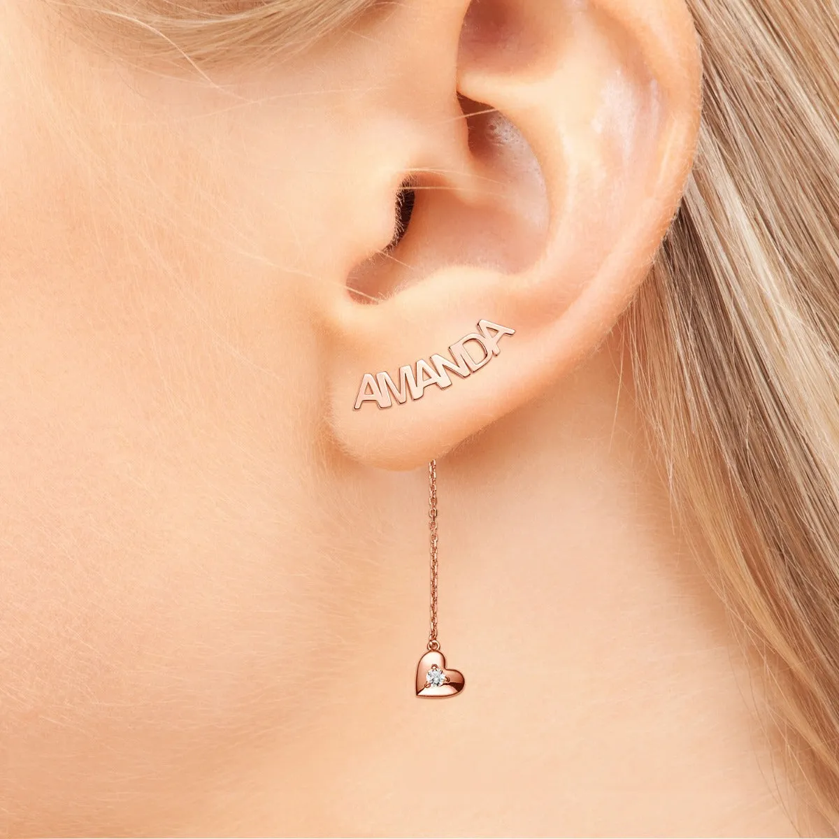 14K Rose Gold over Sterling Name with Birthstone Heart Dangle Crawler Earrings sold by Limoges Jewelry product image thumbnail 2