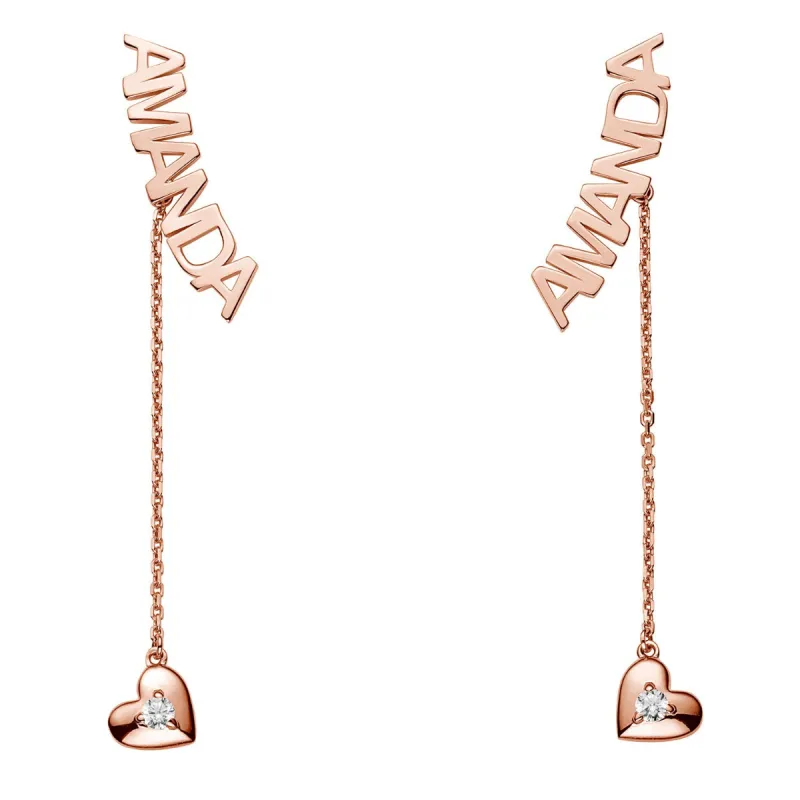 14K Rose Gold over Sterling Name with Birthstone Heart Dangle Crawler Earrings sold by Limoges Jewelry