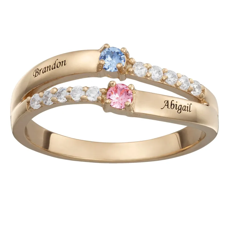 14K Gold over Sterling Couple's Engraved Birthstone and CZ Wave Ring sold by Limoges Jewelry