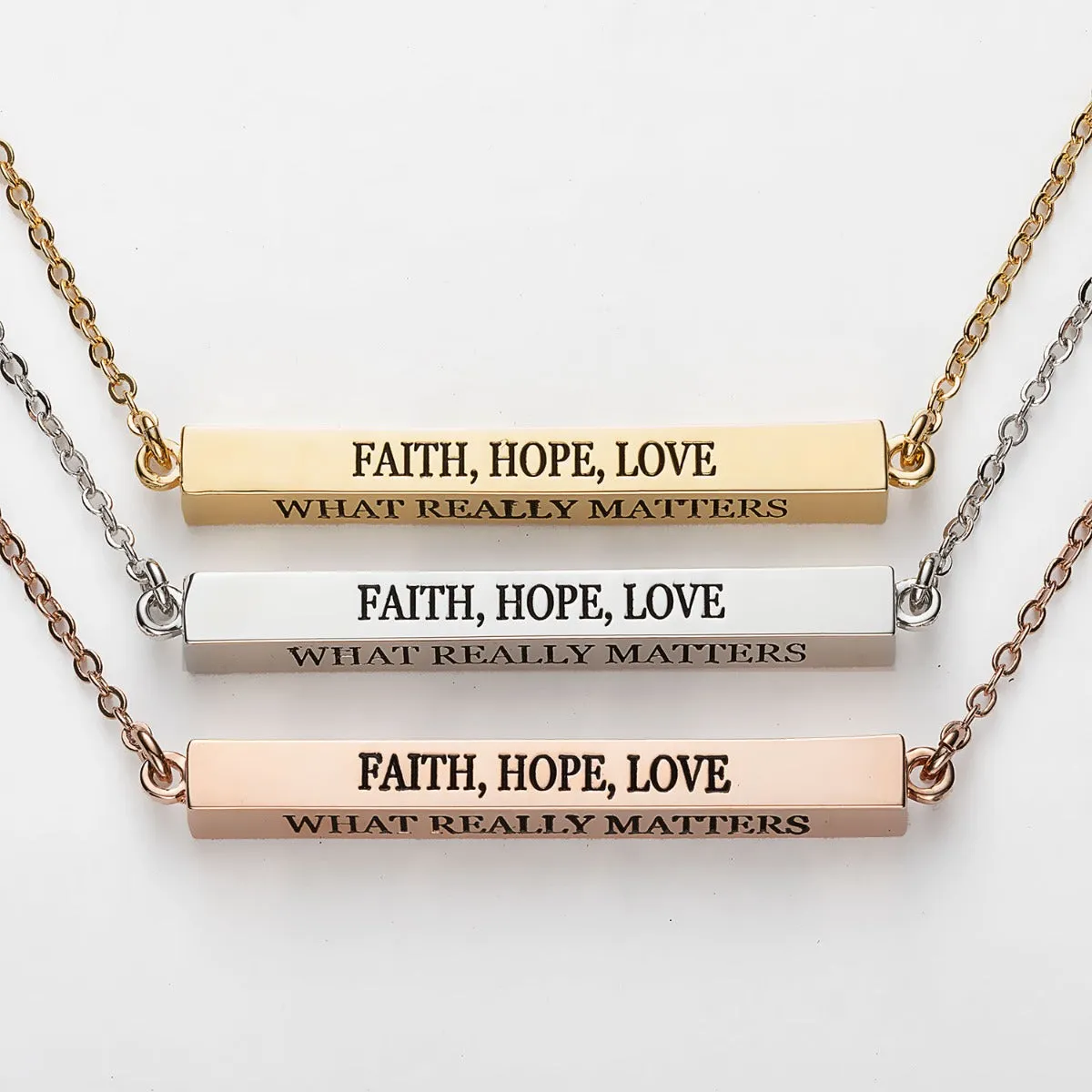 Horizontal 4-sided Bar 'Faith, Hope, Love' Engraved Necklace sold by Limoges Jewelry