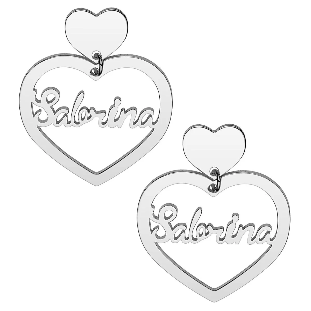 Silver Plated Script Name Double Heart Dangle Earrings sold by Limoges Jewelry