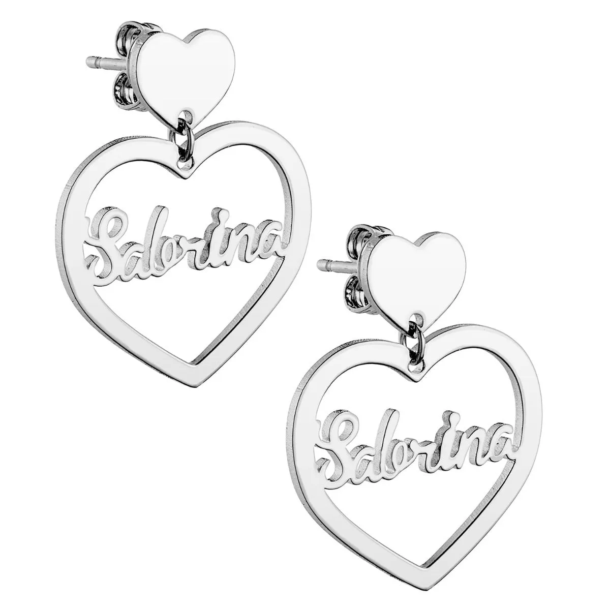 Silver Plated Script Name Double Heart Dangle Earrings sold by Limoges Jewelry product image thumbnail 3