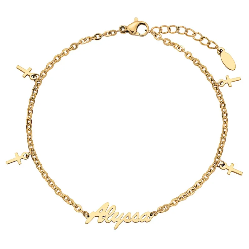Gold Stainless Steel Name Anklet with Cross Charms sold by Limoges Jewelry