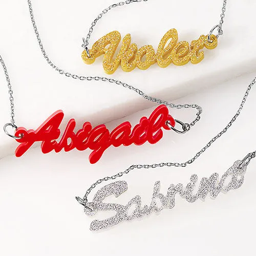 Hollywood Script Acrylic Name Plaque Necklace sold by Limoges Jewelry