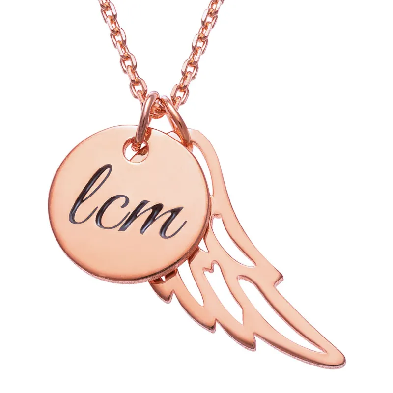 14K Rose Gold Plated Engraved Initials Disc with Angel Wing Necklace sold by Limoges Jewelry