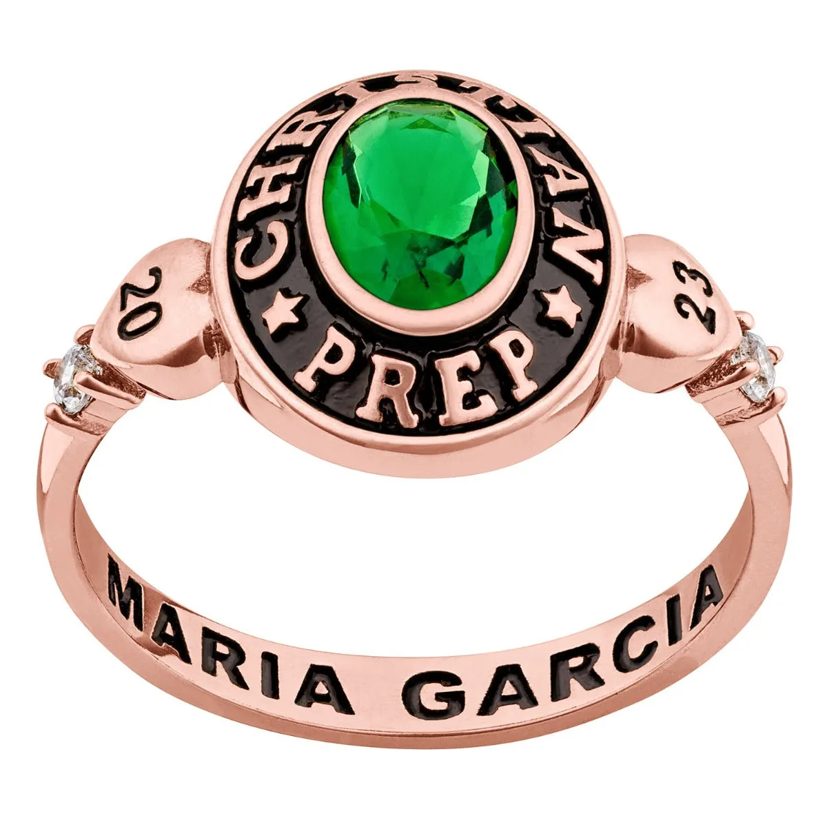 Ladies' Rose Gold Celebrium Oval Birthstone with CZ and Hearts Class Ring sold by Limoges Jewelry