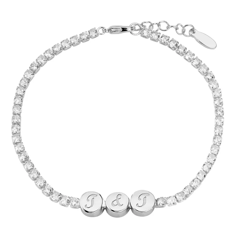 Engraved Script Initials Slider Charms Station CZ Tennis Bracelet sold by Limoges Jewelry