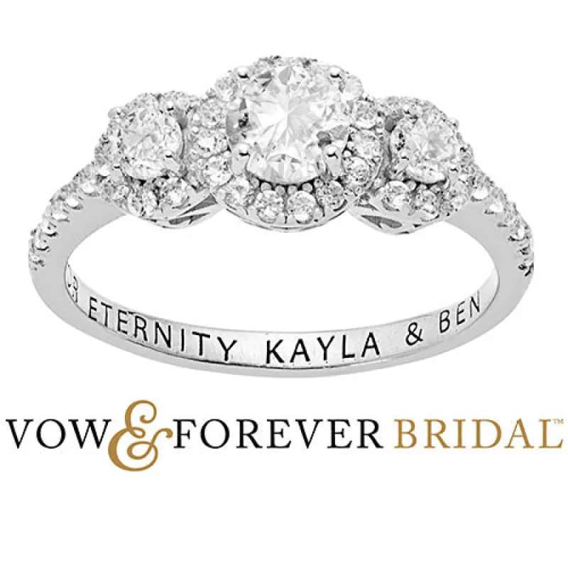 Platinum over Sterling Halo 3-Stone White Topaz Engraved Engagement Ring sold by Limoges Jewelry