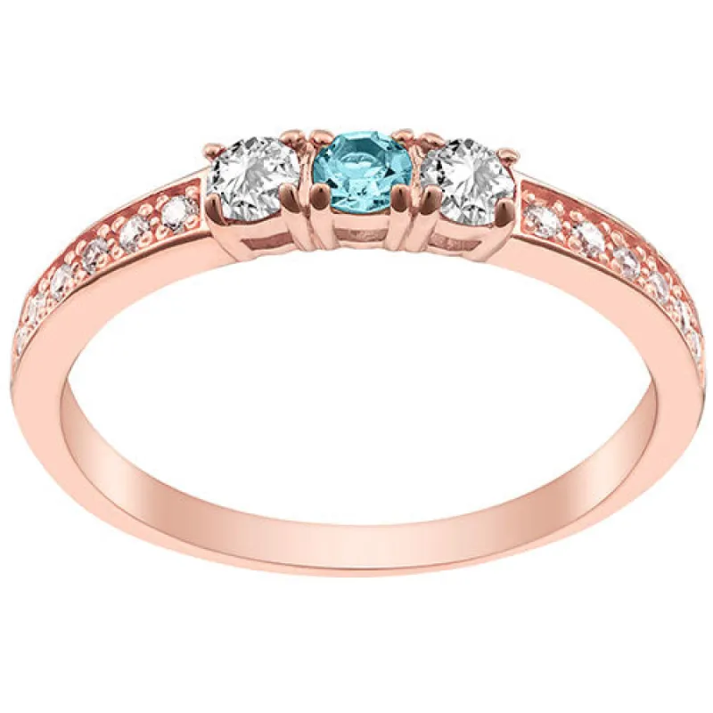 14K Rose Gold Plated Simulated Blue Topaz and Clear Crystal 3-Stone Ring sold by Limoges Jewelry