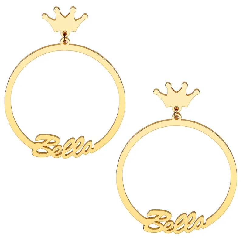 14K Gold Plated Script Name with Crown Dangle Earrings sold by Limoges Jewelry