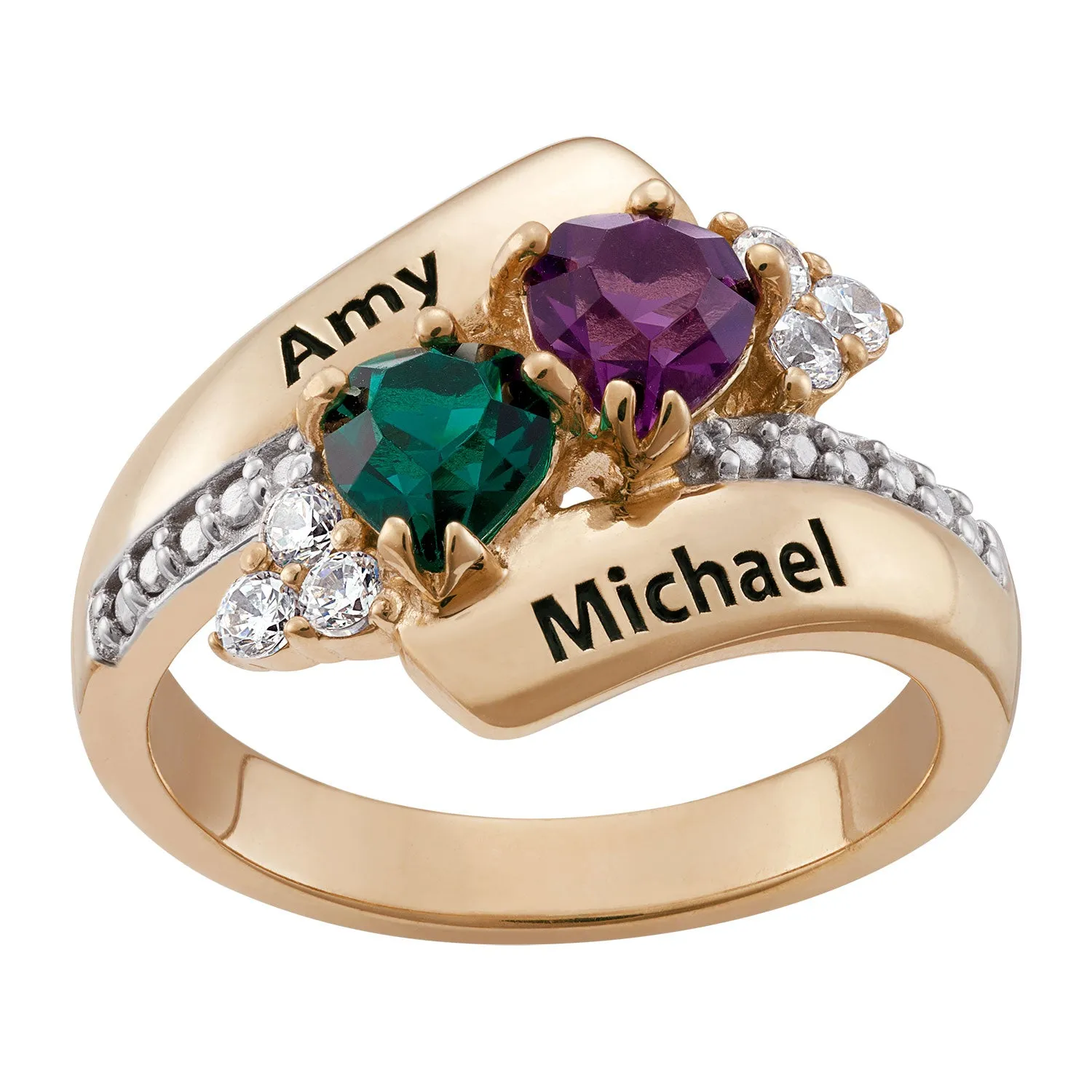14K Gold over Sterling Couples Crystal Heart Name and Birthstone Ring sold by Limoges Jewelry