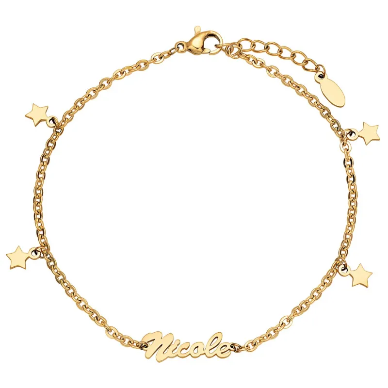 Gold Stainless Steel Star Charm and Name Anklet sold by Limoges Jewelry
